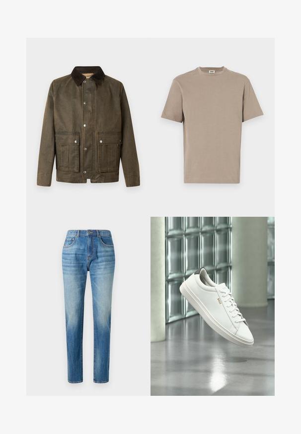 Brun lærredskur med en mørk kordfløjlskrave, trykknapper og to frontlommer med syninger.; Beige bomulds t-shirt med rund hals, korte ærmer og lige kant. Glat tekstur, minimalistisk design, ingen synlige grafik eller accenter.; Lyseblå denimjeans med lige ben, høj talje, subtilt slid og klassisk fem-lomme-design. Metalknaplukning.; Hvid læder lav-top sneaker med snørebånd, sort hælflig og "BOSS"-logo, svævende indendørs nær glasblok væg og poleret gulv.