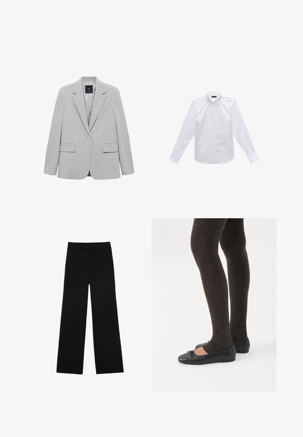 Grå stribet blazer med klapkrave, enkelt knaplukning og to frontlommer. Har en glat foring og en skræddersyet pasform.; Hvid langærmet skjorte lavet af bomuld med klassisk krave og knaplukning foran. Har knaplukkede manchetter og en lige nederdel.; Sorte vidde bukser lavet af glat stof, med en frontknaplukning og to plissee for ekstra detaljer. Skræddersyet design i det hele taget.; Ben iført mørke ribbede leggings kombineret med sorte balletsko med små sløjfedetaljer på hvid baggrund.