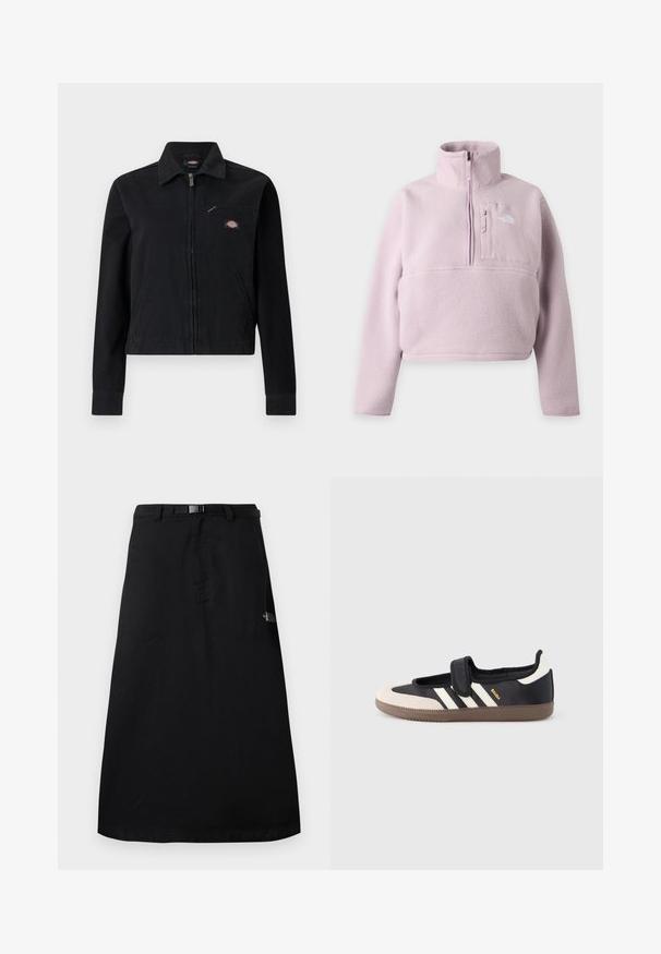 Veste noire à fermeture éclair avec col, deux poches basses et une poche poitrine zippée ornée d'un petit patch logo coloré.; Pull en polaire violet clair avec manches longues, col montant, fermeture éclair quart et poche poitrine avec le logo The North Face.; Jupe midi noire avec ceinture à taille ajustable et logo The North Face sur le côté droit.; Baskets noires et beiges avec une bride en velcro, trois bandes blanches sur le côté, et une semelle en caoutchouc marron texturée. Logo de la marque visible.