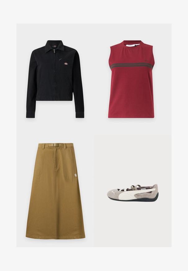 Veste noire à fermeture éclair avec col, deux poches basses et une poche poitrine zippée ornée d'un petit patch logo coloré.; Débardeur de sport sans manches couleur bordeaux avec deux bandes noires horizontales sur la poitrine et un petit logo noir sur le côté gauche.; Jupe longue extérieure beige avec poches avant, ceinture intégrée et logo The North Face sur le côté droit.; Ballerine plate en daim brun clair avec logo Puma blanc, bande latérale blanche, sangles élastiques et semelle en caoutchouc noire.