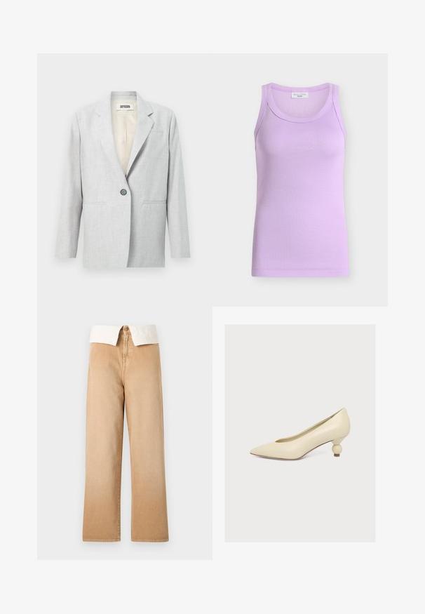 Blazer gris clair à un bouton avec revers crantés, deux poches fendues à l'avant et une doublure intérieure crème.; Débardeur sans manches côtelé lilas avec encolure ronde, coupe ajustée, et étiquette Marc O’Polo Denim à l’intérieur du col.; Pantalon large à taille haute beige avec fermeture visible par bouton et fermeture éclair, assorti d'un col de chemise blanc rentré.; Escarpin couleur crème à bout pointu avec un talon bas unique en forme de bulbe sur fond blanc uni.
