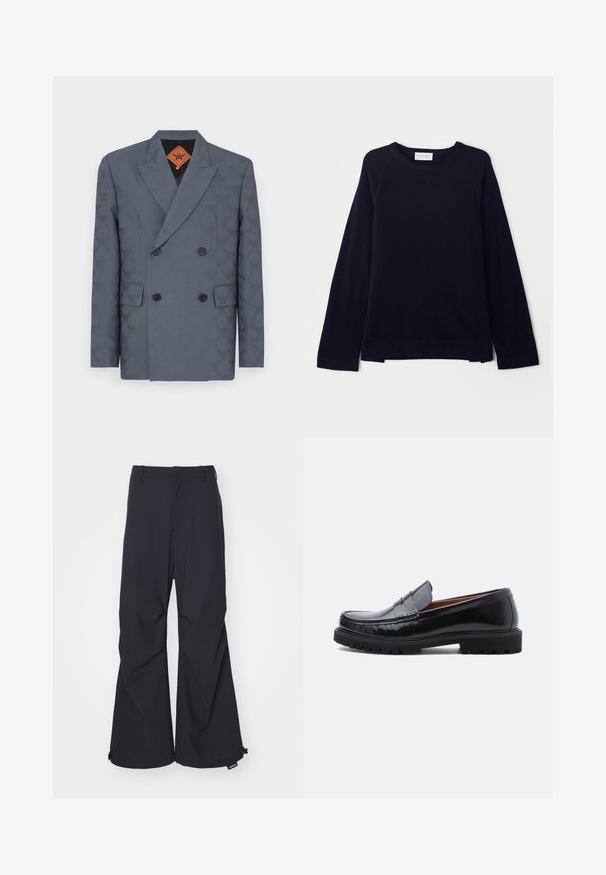 Dobbeltbrystet blazer i mørkegrå stof med et subtilt mønster, slagkrave, to forlommer og sorte knapper.; OFFICINE GENERALE NATE CNECK - Striktrøje - black; Marineblå, brede bukser lavet af glat stof, med to forlommer og snoretræk ved kanten. Renset, skræddersyet design uden udsmykning.; Sorte læder penny loafer med chunky gummisål og moc toe syninger, vist i profil på en hvid baggrund.