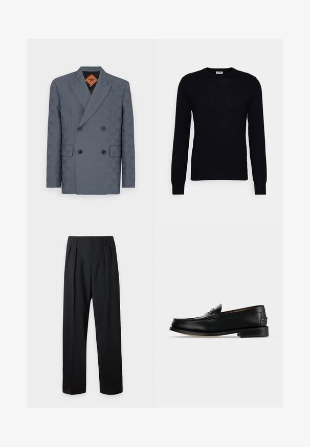Dobbeltbrystet blazer i mørkegrå stof med et subtilt mønster, slagkrave, to forlommer og sorte knapper.; Sort langærmet sweater lavet af blødt strikket materiale. Rund halsudskæring, ribbede manchetter og kant. Minimalistisk design uden synlige mønstre eller knapper.; Sorte skræddersyede bukser med høj talje, bæltestropper, frontfolder, knaplukning og lige vide ben på en lys baggrund.; Sort læder herre loafer med lav hæl og mokkasinsyning på tåen, vist fra siden på en ensfarvet baggrund.