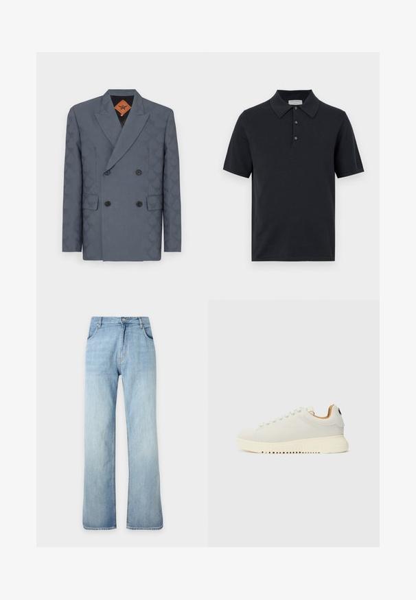 Dobbeltbrystet blazer i mørkegrå stof med et subtilt mønster, slagkrave, to forlommer og sorte knapper.; Sort kortærmet polo t-shirt med tre knapper og en spids krave, vist mod en ensfarvet hvid baggrund.; Lyseblå straight-leg denimjeans med forreste knap- og lynlåslukning, forlommer og bæltestropper, vist mod en ensfarvet baggrund.; Hvide sneakers med en glat læderoverdel, en tyk cremefarvet gummisål og diskret syning. Minimalistisk design med rund tå og snøresystem.