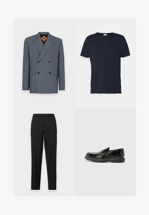 Dobbeltbrystet blazer i mørkegrå stof med et subtilt mønster, slagkrave, to forlommer og sorte knapper.; Marineblå bomulds t-shirt med rund hals og korte ærmer, med en glat tekstur og enkel design, uden synlige mønstre eller accenter.; Theory STRAIGHT - Bukser - deep black; Sort læderloafer med en blank finish, rund tå, subtile syninger og en tyk gummisål for holdbarhed.