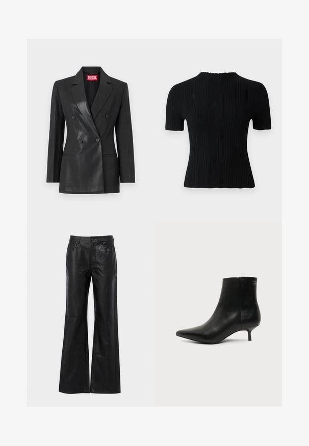 Blazer noir à double boutonnage en tissu brillant. Il possède un col cranté, deux poches à l'avant et des boutons noirs. Étiquette de marque rouge à l'intérieur.; Haut noir à manches courtes en côte avec un col montant. Présente un tissu texturé et une silhouette ajustée, offrant des options de style décontracté et polyvalent.; Pantalons évasés en cuir noir avec une texture lisse, fermeture à bouton en métal, et poches avant. Présente une taille haute et une silhouette ajustée.; Bottine en cuir noir avec bout pointu et petit talon kitten sur fond clair, vue côté extérieur.