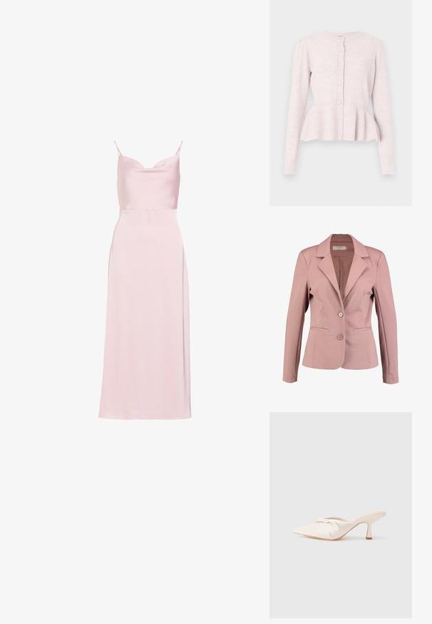 Blazer rosa claro con cuello en pico, diseño de un solo botón, dos botones y dos bolsillos frontales. Tela suave con un ligero brillo.; Cárdigan rosa claro con mangas largas, cuerpo texturizado y bajo con vuelo. Cinco botones redondos al frente añaden detalle. Material de punto suave.; Vestido lencero de satén rosa claro con tirantes de espagueti y escote drapeado, largo midi y una sutil abertura lateral.; Zapato mule de tela beige claro con un diseño anudado en la parte delantera, punta afilada y un tacón delgado y estrecho. Textura suave en general.