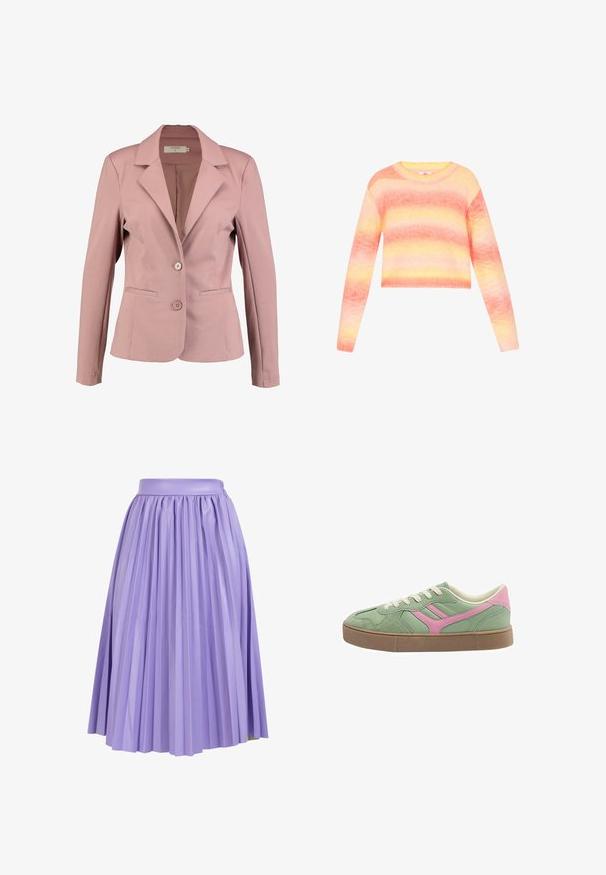 Helle rosa Blazer mit Reverskragen, einreihigem Design, zwei Knöpfen und zwei Fronttaschen. Glattes Material mit leichtem Glanz.; Leichter, verkürzter Pullover mit langen Ärmeln, der ein Verlaufsmuster in Rosa- und Gelbtönen aufweist. Stricktextur mit gerippten Bündchen.; Faltenrock aus leicht lavendelfarbenem Stoff mit einem glatten Bund. Verfügt über vertikale Falten, die bis zum Saum reichen und Volumen sowie Bewegung erzeugen.; PULL&BEAR RETRO SNEAKERS - Sneaker low - green