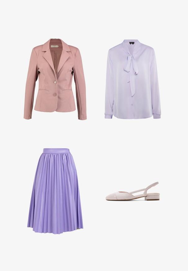Lys rosa blazer med krave, enknap design, to knapper og to forlommer. Glat stof med let glans.; Lilla bluse lavet af glat stof, med en bundet halsudskæring, lange ærmer og knaplukning foran. Enkel design uden mønstre eller accenter.; Plisseret nederdel i lys lavendelstof med en glat talje. Har vertikale folder, der strækker sig til kanten, hvilket skaber volumen og bevægelse.; Dameslingbacksko med lav hæl i lyserød med vævet tekstur, spids tå og lille blokhæl.
