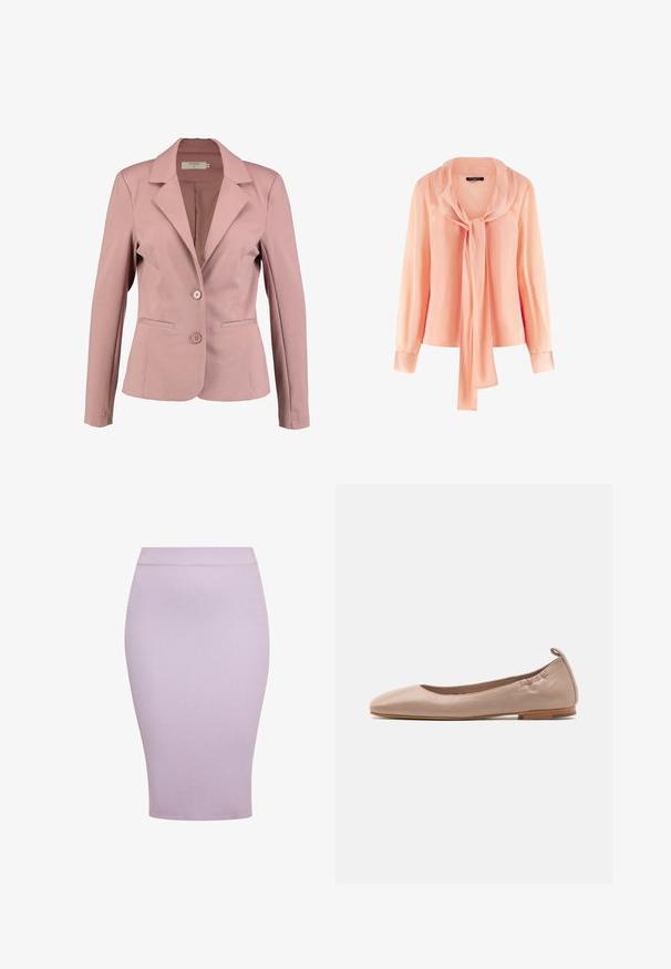 Lys rosa blazer med krave, enknap design, to knapper og to forlommer. Glat stof med let glans.; Lys rosa bluse med lange ærmer, bred krave og bindedetalje foran, lavet af glat, let skinnende stof.; Lyse lilla ribstrikket blyantskørt med høj talje og knælængde.; Beige læder ballerinaer med rund tå, blød overflade, elastisk ryg og en lille tan gummihæl. Simpelt og strømlinet design.