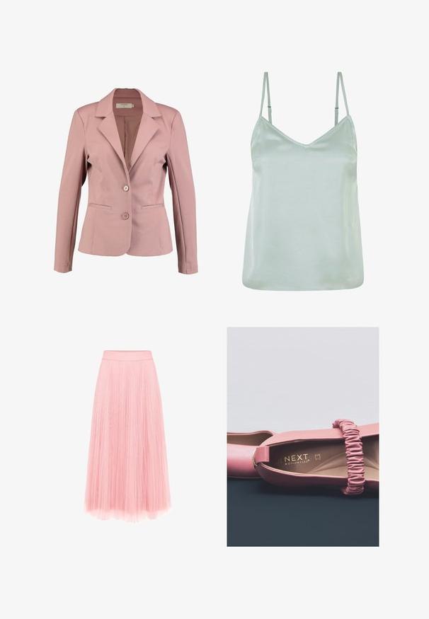 Lys rosa blazer med krave, enknap design, to knapper og to forlommer. Glat stof med let glans.; Lys grøn satinkamin med justerbare tynde stropper og V-udskæring, der har en glat tekstur og en afslappet pasform.; zero MIT PLIESSENDEM BECHER - Pliceret nederdel /Nederdele med folder - bridal rose; Rosa flade sko med glat læderfinish, elastisk rem og gyldent mærke indvendigt. Rund tåform og minimalistisk design.