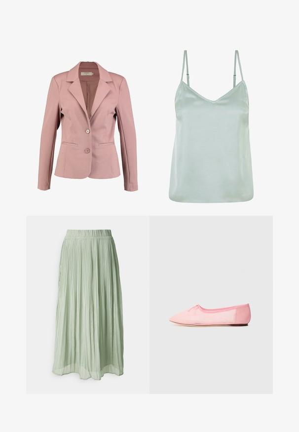 Helle rosa Blazer mit Reverskragen, einreihigem Design, zwei Knöpfen und zwei Fronttaschen. Glattes Material mit leichtem Glanz.; Hellgrüne Satin-Camisole mit verstellbaren dünnen Trägern und V-Ausschnitt, ausgestattet mit einer glatten Textur und einem entspannten Schnitt.; Faltiger Midirock aus leicht grünem Stoff mit weicher Textur. Elastischer Taillenbund, fließendes Design und subtiler Glanz.; Rosa Ballettschuhe aus weichem Stoff, mit einer spitzen Zehenpartie und einem kleinen Schleifen-Detail auf dem Obermaterial, sowie einer niedrigen und flexiblen Sohle.