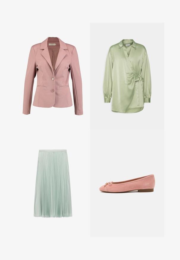 Blazer rosa claro con cuello en pico, diseño de un solo botón, dos botones y dos bolsillos frontales. Tela suave con un ligero brillo.; 2nd Day DARSHA WAVES - Blusa - sage green; Falda midi plisada en verde menta claro con una cintura ajustada y finos pliegues verticales en toda la tela.; Bailarina de ante rosa suave con lazo pequeño y detalle dorado en la punta redondeada, tacón bajo y suela lisa.