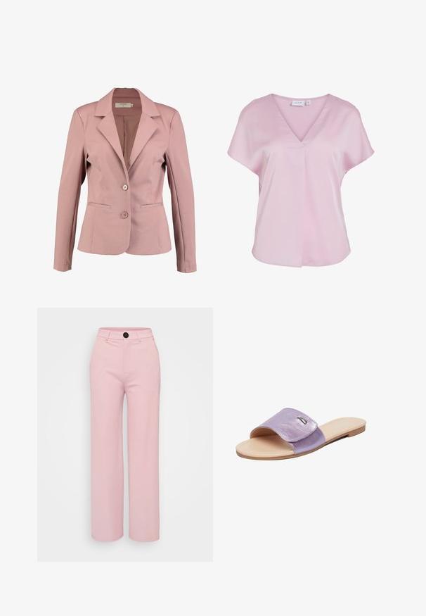 Blazer rosa claro con cuello en pico, diseño de un solo botón, dos botones y dos bolsillos frontales. Tela suave con un ligero brillo.; Blusa rosa claro de manga corta con escote en V y corte suelto, hecha de tela suave, con un pequeño detalle de pliegue en la parte delantera.; Pantalones de pierna ancha en rosa claro con una textura suave, con un botón negro y un diseño clásico de cinturilla. No hay bolsillos adicionales visibles.; Sandalia plana tipo slide con amplia tira metálica lavanda y suela beige acolchada, diseñada para uso informal.