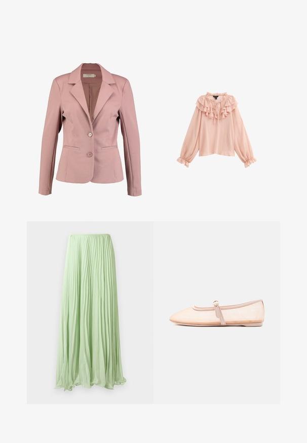 Blazer rose clair avec un col cranté, design à un bouton, deux boutons, et deux poches avant. Tissu lisse avec un léger éclat.; Blouse de couleur rose clair, avec un col à volants, de longues manches bouffantes avec des poignets élastiques, et un détail de lien au niveau de l'encolure. Texture de tissu lisse.; Jupe longue plissée vert clair avec un tissu fluide et une taille élastique, présentée sur un fond blanc.; Chaussure plate beige clair avec un bout pointu et une bride latérale avec boucle, présentée sur un fond blanc uni.