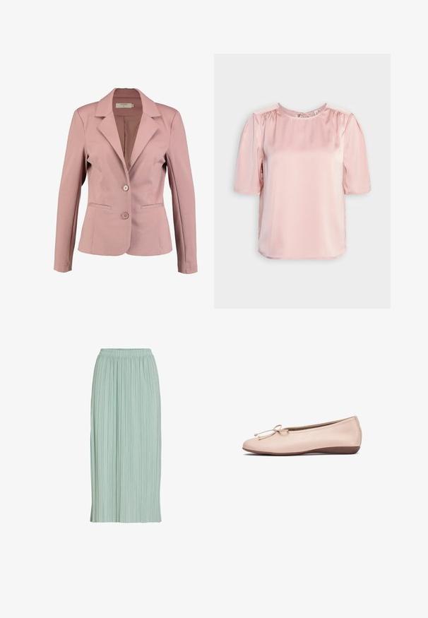 Blazer rosa claro con cuello en pico, diseño de un solo botón, dos botones y dos bolsillos frontales. Tela suave con un ligero brillo.; ONLY ONLESTA - Blusa - rose smoke; Falda midi plisada de color verde claro con cintura elástica, corte recto y tejido ligero.; Bailarina de cuero suave en color rosa claro con punta redondeada y lazo decorativo en la parte frontal. Suela de goma marrón baja que proporciona flexibilidad y comodidad.