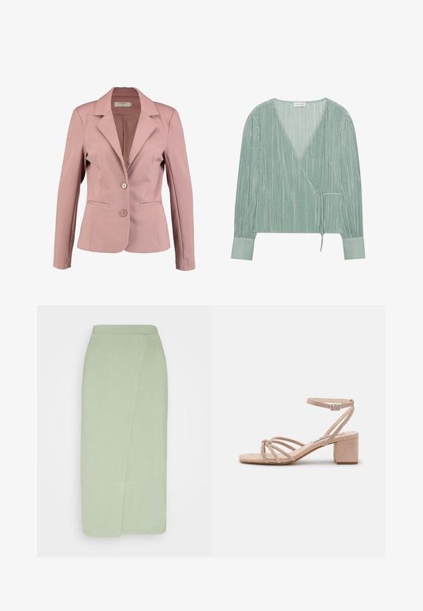 Lys rosa blazer med krave, enknap design, to knapper og to forlommer. Glat stof med let glans.; Lys grøn omslagsbluse lavet af plisseret stof med V-hals, lange ærmer og en bånddetalje i taljen. Har en glat manchet.; Anna Field by Zalando Tubenederdele - light green; Beige suedestøvler med hæl og firkantet tå, med en knyttet remdesign og en spændeankelrem, på en blokhæle.