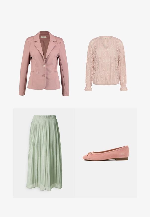 Blazer rosa claro con cuello en pico, diseño de un solo botón, dos botones y dos bolsillos frontales. Tela suave con un ligero brillo.; Blusa de manga larga rosa claro con escote en V. Presenta encaje texturizado con recortes circulares y puños con volantes. Diseño ligero y de corte holgado.; Falda midi plisada de tela verde claro con una textura suave. Cintura elástica, diseño fluido y un brillo sutil en toda la prenda.; Bailarina de ante rosa suave con lazo pequeño y detalle dorado en la punta redondeada, tacón bajo y suela lisa.