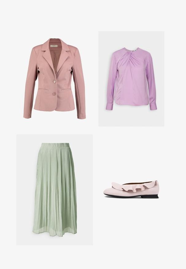 Svetloružový blejzer s klopovým golierom, jednoprimkový dizajn, dve gombíky a dve predné vrecká. Hladká tkanina s jemným leskom.; Twist & Tango BRENDA BLOUSE - Blúzka - lilac; Plisovaná midi sukňa v svetlozelenom materiáli s jemnou textúrou. Elastický pás, splývavý dizajn a jemný lesk po celom povrchu.; Svetloružový kožený balerín s volánikovým detailom pozdĺž nártu, zaoblenou špičkou a nízkym čiernym podpätkom. Hladká textúra a jednoduchý dizajn.