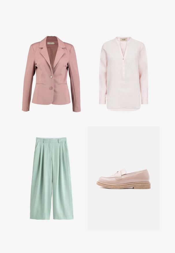 Blazer rosa claro con cuello en pico, diseño de un solo botón, dos botones y dos bolsillos frontales. Tela suave con un ligero brillo.; Blusa de manga larga color rosa claro con cuello mandarín, tapeta parcial de botones y corte holgado.; Pantalones ancho de pierna en verde claro con tiro alto, pliegues delanteros, trabillas para cinturón y bolsillos laterales, mostrados sobre un fondo blanco.; Mocasín rosa pálido brillante con una suela texturizada en tono beige y una correa a juego sobre la parte superior, mostrado de perfil sobre un fondo claro.