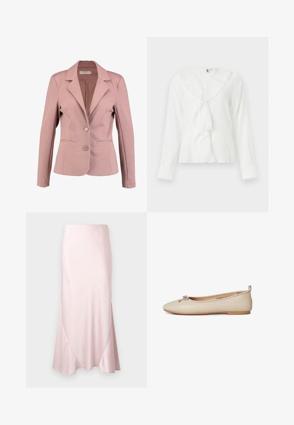 Helle rosa Blazer mit Reverskragen, einreihigem Design, zwei Knöpfen und zwei Fronttaschen. Glattes Material mit leichtem Glanz.; Weiße Langarmbluse mit Rüschenausschnitt und strukturiertem Stoff. Sie hat einen leicht lockeren Sitz und geknöpfte Ärmel.; Hellrosa Satin-Midirock mit A-Linien-Silhouette und dezenten diagonalen Nahtdetails vor einfarbigem Hintergrund.; Beigefarbener Lederslipper mit rund zulaufender Spitze, kleinem geknotetem Schleifchen vorne, niedrigem Absatz und Zuglasche hinten.