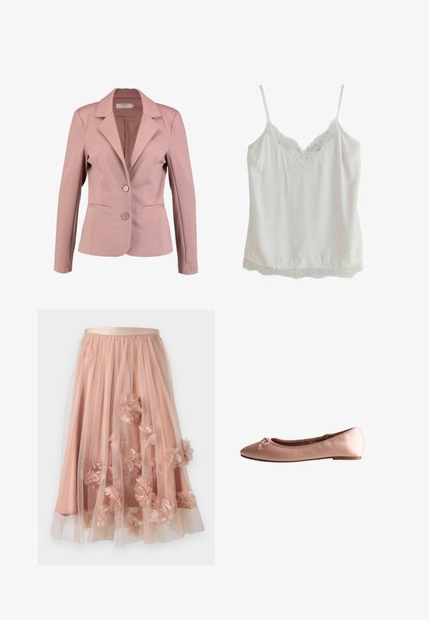 Blazer rosa claro con cuello en pico, diseño de un solo botón, dos botones y dos bolsillos frontales. Tela suave con un ligero brillo.; Camisola sin mangas blanca con tirantes finos y adorno de encaje en el escote y el dobladillo, hecha de tela suave.; Falda de tul en rosa suave con cinturilla de satén. Cuenta con tela transparente en capas y apliques florales tridimensionales por toda la prenda.; Bailarinas de satén rosa con punta redondeada, pequeño detalle de lazo y suela plana. Textura suave con un diseño minimalista.