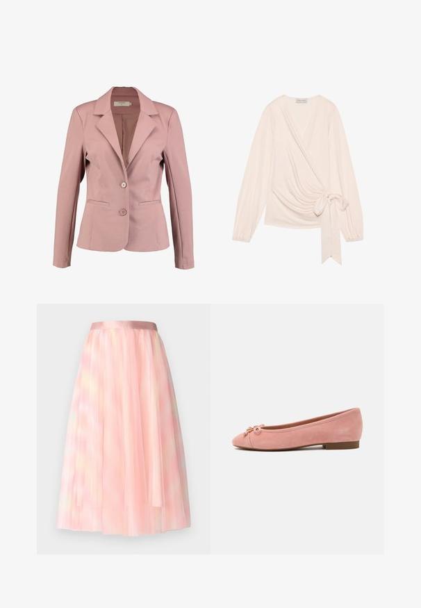 Helle rosa Blazer mit Reverskragen, einreihigem Design, zwei Knöpfen und zwei Fronttaschen. Glattes Material mit leichtem Glanz.; Oberteil aus weichem, hellrosa Stoff. Mit langen Ärmeln, einem Bindeband in der Taille und sanften Drapierungen an der Vorderseite.; Ida Sjöstedt FLAWLESS SKIRT - A-Linien-Rock - pink; Weiche rosa Wildleder-Ballerinas mit kleiner Schleife und goldenem Akzent an der abgerundeten Spitze, niedrigem Absatz und glatter Sohle.