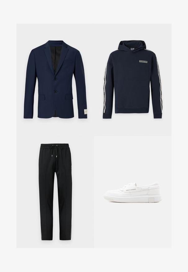 Mørkeblåt blazer lavet af glat stof. Har to knapper, en enkelt brystlomme og to forlommer. Sort foret indvendig.; Marineblå hættetrøje med EA7 Emporio Armani-logo på brystet og mærkede hvide striber ned langs begge ærmer.; Sorte sweatpants med smal pasform, elastisk taljebånd og snøre, med diskrete sømdetaljer og hvide sidelommer på de nederste ben.; Hvid Armani Exchange lavtop sneaker med tyk sål, snørebånd foran og mærke detaljer på siden og hælen på neutral baggrund.
