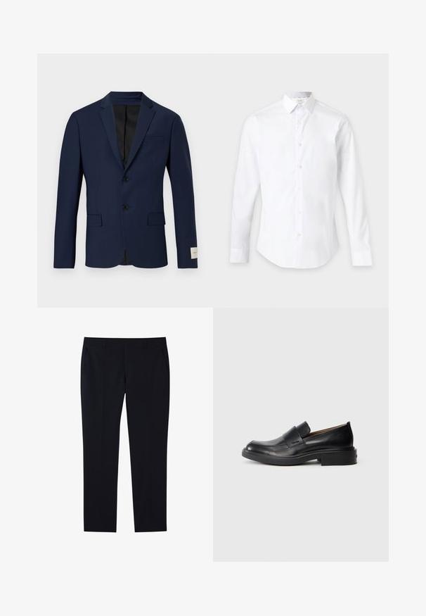 Μπλέιζερ ναυτικού χρώματος από μαλακό ύφασμα. Διαθέτει δύο κουμπιά, μία θήκη στήθους και δύο μπροστινές τσέπες. Εσωτερική επένδυση σε μαύρο χρώμα.; Λευκό πουκάμισο με μακριά μανίκια και κουμπιά, με κλασικό γιακά, απεικονίζεται σε ένα απλό ανοιχτό φόντο.; Μαύρο παντελόνι κανονικής γραμμής με θηλιές για ζώνη, πλαϊνές τσέπες και επίπεδο μπροστινό σχέδιο.; Μαύρο δερμάτινο παπούτσι με χαμηλό τακούνι και διακριτικό λογότυπο Calvin Klein στο πλάι, παρουσιασμένο σε προφίλ σε λευκό φόντο.