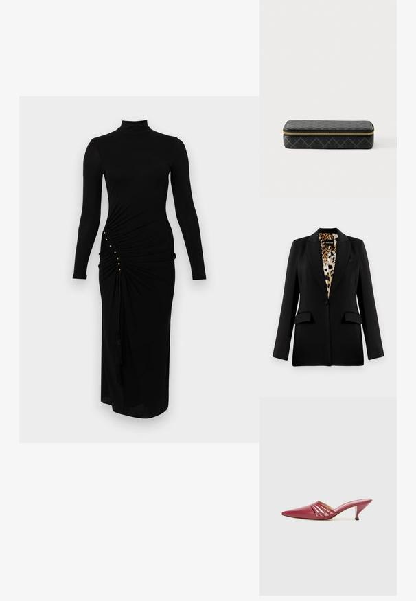 Sort blazer med skræddersyet design, enkelt knaplukning, to forlommer og leopardmønsterfor. Glat stof og struktureret form.; Sort midi-kjole med lange ærmer og høj halsudskæring, sidelægninger, gulddetaljer med knapper og to frynser hængende fra taljen.; Røde lædermules med spids tå og lav hæl, med udskårne sideaccenter og en glat tekstur. Slankt og strømlinet design.; Sort rektangulært penalhus lavet af tekstureret materiale med en guld lynlås og et subtilt geometrisk mønster.