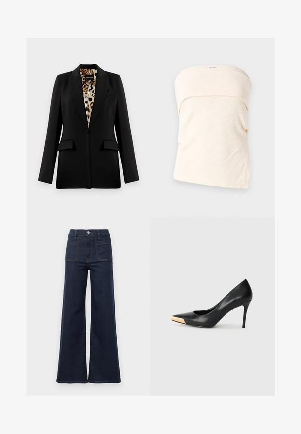 Sort blazer med skræddersyet design, enkelt knaplukning, to forlommer og leopardmønsterfor. Glat stof og struktureret form.; Lys beige stropløs top i struktureret stof, med et flettet design ved halsudskæringen og en løs pasform. Ingen lukninger eller yderligere detaljer.; Mørkeblå flagrende jeans lavet af denim med høj talje, der har to baglommer og kontrasterende syninger langs sømmene.; Sort læder stiletter med spids tå; har et metalisk guldakcent på tåkapperne. Glat overflade med et strømlinet design.
