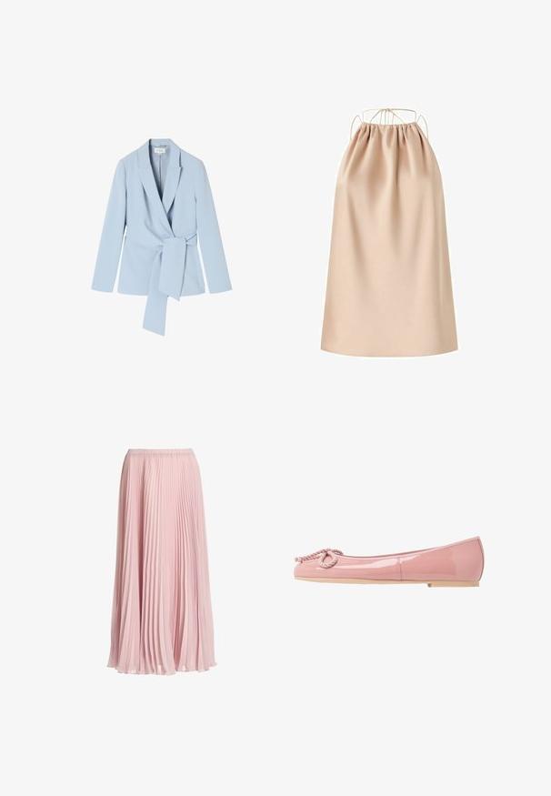 Lyseblå blazer lavet af glat stof, med sjalskrave, lange ærmer og en knyttet talje detalje for et tætsiddende look.; Beige ærmeløs kjole med rynket halslinning og tynde spaghettistropper, der bindes bagpå.; Mellemlang, lyst lyserød plisseret nederdel med elastisk talje, lavet af let, flydende stof.; Lyserøde patentlæder balletflade med en rund tå, rebdetalje foran og en beige gummisål. Glat, blank finish overalt.