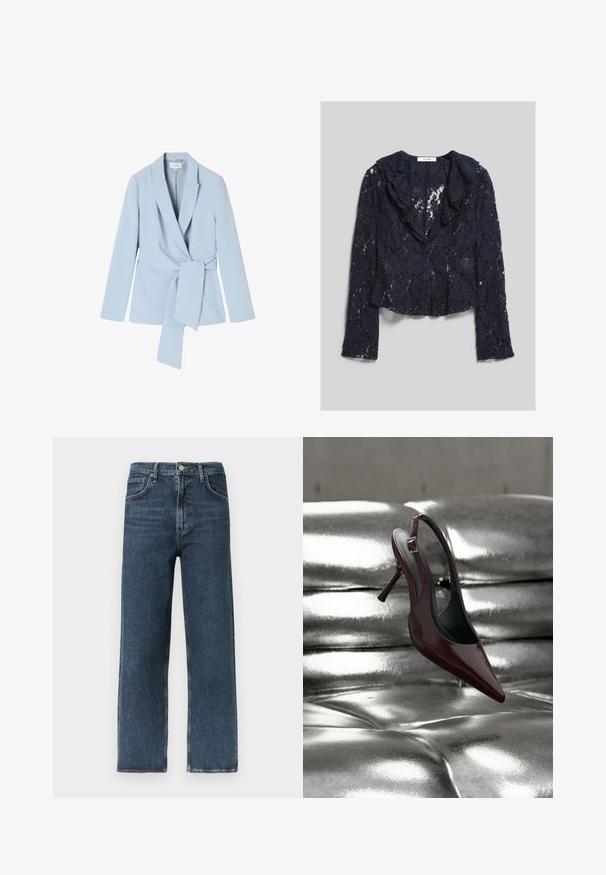 Helles blaues Blazer aus glattem Stoff, mit einem Schalkragen, langen Ärmeln und einem gebundenen Taillendetail für eine figurbetonte Passform.; Dunkel marineblaue Spitzenbluse mit langen Ärmeln, gerafftem Kragen und floralem Muster, vorne mit Knöpfen, im Kragen mit "IVY OAK" Etikett.; Dunkelblaue Jeans mit geradem Bein aus Denim, ausgestattet mit einem Fünf-Taschen-Design, Gürtelschlaufen und einem Knopfverschluss am Bund.; Dunkelroter Slingback High Heel Schuh mit spitzer Spitze, der auf einer glänzenden metallisch silbernen gepolsterten Oberfläche liegt.