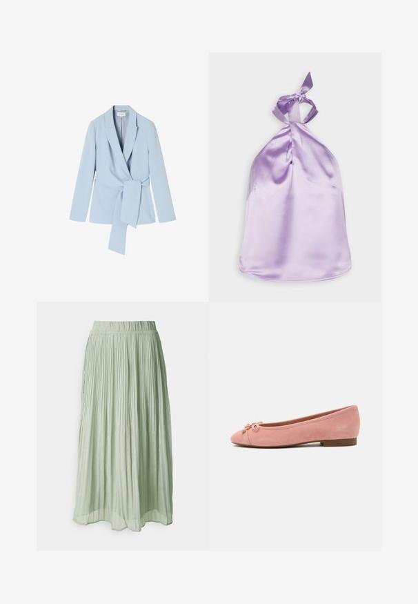Svetlo modrý blazer vyrobený z hladkej tkaniny, s šálovým golierom, dlhými rukávmi a viazaním v páse pre priliehavý vzhľad.; Gina Tricot TINA - Top - purple rose (5141); Plisovaná midi sukňa v svetlozelenom materiáli s jemnou textúrou. Elastický pás, splývavý dizajn a jemný lesk po celom povrchu.; Mäkké ružové semišové baletné baleríny s malou mašľou a zlatým akcentom na zaoblenom špičke, nízkym podpätkom a hladkou podrážkou.