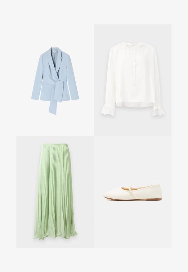 Lyseblå blazer lavet af glat stof, med sjalskrave, lange ærmer og en knyttet talje detalje for et tætsiddende look.; Hvid langærmet bluse lavet af glat stof, med rund halsudskæring, knaplukning og blondebesatte håndled. Justeres med et bånd ved halsen.; Lys grøn plisseret lang skirt lavet af let stof med elastisk talje, præsenteret mod en hvid baggrund.; Creme ballet flats med en glat overflade, rund tå, en tynd ankelrem og en flad sål. Simpelt design uden yderligere udsmykninger.