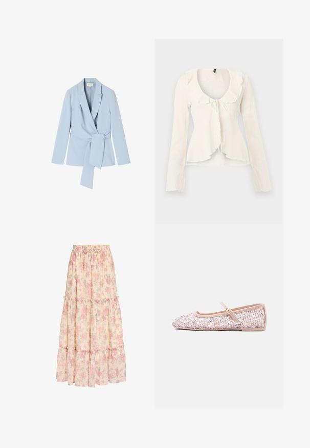 Lyseblå blazer lavet af glat stof, med sjalskrave, lange ærmer og en knyttet talje detalje for et tætsiddende look.; Langærmet cremefarvet bluse med flæsekant ved kraven og bindedetalje foran, lavet i tekstureret stof med en let udvidet kant.; Lang beige nederdel med pink blomsterprint, elastisk talje med snøre og lagdelt flæsedetalje.; Lyserød flad sko dækket med palietter, med en lille spænde-rem over toppen og et vævet teksturmønster.