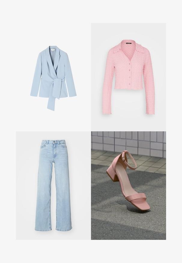 Hele helesinine bleiser, mis on valmistatud siledast kangast, shawl-krae, pikad varrukad ja seotud vöödetail, mis rõhutab figuuri.; Monki Pluus - pink light; Heledad sinine laiad teksad, mis on valmistatud denimist. Omavad kõrget vööd, ees nööbiga sulgemist ja kahte taskut. Sile tekstuur kerge kulumisega.; Üksik roosa plokk-kontsaga rihmkandaga sandaal, mis asub asfaldil lähedal plaaditud seina taustal.