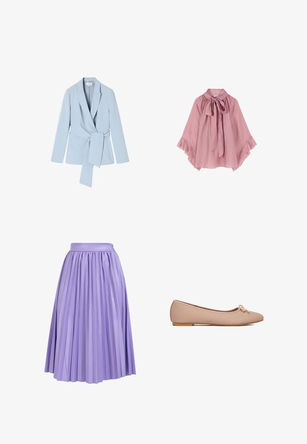 Lyseblå blazer lavet af glat stof, med sjalskrave, lange ærmer og en knyttet talje detalje for et tætsiddende look.; Lyserød satinbluse med vide ærmer og en stor knude ved udskæringen, med en løs og flydende pasform.; Plisseret nederdel i lys lavendelstof med en glat talje. Har vertikale folder, der strækker sig til kanten, hvilket skaber volumen og bevægelse.; Beige tekstureret balletflat med rundet tå, lille sløjfedetalje på toppen og flad lysebrun sål, vist fra siden.