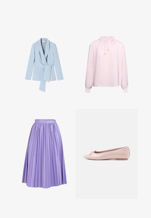 Lyseblå blazer lavet af glat stof, med sjalskrave, lange ærmer og en knyttet talje detalje for et tætsiddende look.; Lys pink bluse med lange ærmer, flæset høj krave, bindebånd foran, perle-accenter og manchetter med knapper. Ingen synlige mønstre eller print.; Plisseret nederdel i lys lavendelstof med en glat talje. Har vertikale folder, der strækker sig til kanten, hvilket skaber volumen og bevægelse.; Rosa lakballetsko med spids tå og en dekorativ sløjfe foran. Har en flad sål og sømløst design.