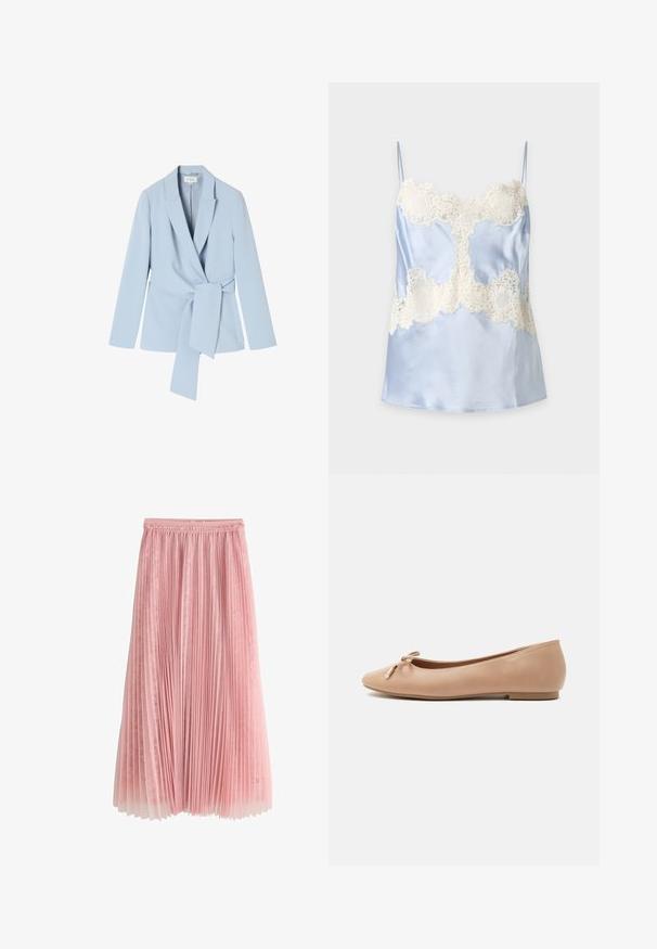 Lyseblå blazer lavet af glat stof, med sjalskrave, lange ærmer og en knyttet talje detalje for et tætsiddende look.; Lyseblå satin camisole med hvide blonde detaljer på bryst og talje, med tynde skulderstropper og en glat finish.; Rosa plisseret midi-nederdel med et lag af blonder under og en rynket talje, vist på en hvid baggrund.; Beige læder balletflat med rundet tå, lav flad sål og dekorativ sløjfe med metalspidser på toppen.