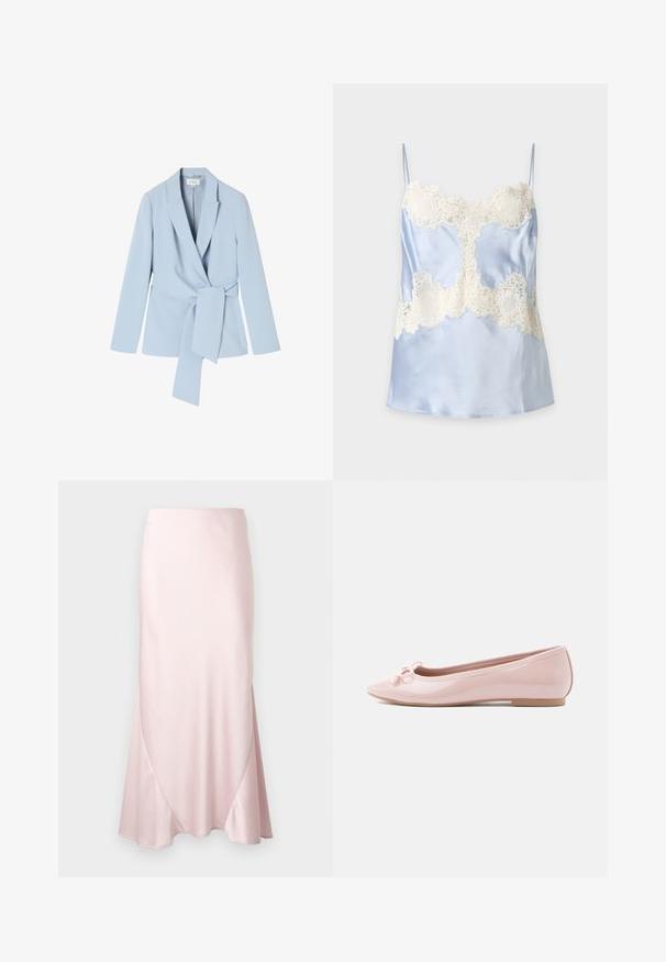 Lyseblå blazer lavet af glat stof, med sjalskrave, lange ærmer og en knyttet talje detalje for et tætsiddende look.; Lyseblå satin camisole med hvide blonde detaljer på bryst og talje, med tynde skulderstropper og en glat finish.; Lyserød satin midi-nederdel med A-formet silhuet og fine diagonale sømdetaljer på en ensfarvet baggrund.; Rosa lakballetsko med spids tå og en dekorativ sløjfe foran. Har en flad sål og sømløst design.