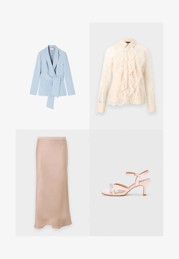 Lichtblauwe blazer van gladde stof, met een schalkraag, lange mouwen en een strikdetail in de taille voor een getailleerde uitstraling.; Crèmekleurige kanten blouse met lange mouwen, gerimpelde voorkant, knoopsluiting en een klassieke kraag op een effen achtergrond.; Satin midirok in lichtbeige met een gladde textuur. Heeft een aansluitende tailleband en een subtiele A-lijn vorm, die voorzichtig uitloopt aan de zoom.; Roze haksandalen met een glanzende afwerking, voorzien van gekruiste banden en een decoratieve strik van metalen materiaal. Verstelbare enkelsluiting.