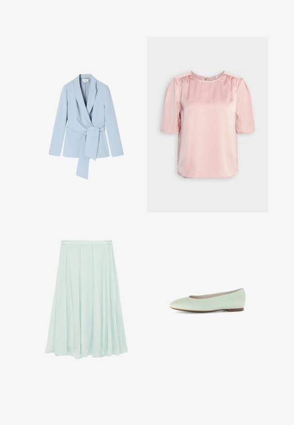 Lyseblå blazer lavet af glat stof, med sjalskrave, lange ærmer og en knyttet talje detalje for et tætsiddende look.; ONLY ONLESTA - Bluse - rose smoke; Lyseblå plisseret midinederdel med taljebånd og skjult sidesyning, flydende stof med bløde lodrette folder.; Lys mintgrøn læder balletflad med en rund tå, minimalistisk design og flad sål, der har en glat tekstur uden udsmykninger.