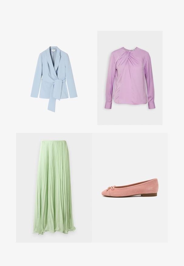 Svetlo modrý blazer vyrobený z hladkej tkaniny, s šálovým golierom, dlhými rukávmi a viazaním v páse pre priliehavý vzhľad.; Twist & Tango BRENDA BLOUSE - Blúzka - lilac; Svetlozelená skladaná dlhá sukňa s voľnou látkou a elastickým pásom, vystavená na bielom pozadí.; Mäkké ružové semišové baletné baleríny s malou mašľou a zlatým akcentom na zaoblenom špičke, nízkym podpätkom a hladkou podrážkou.