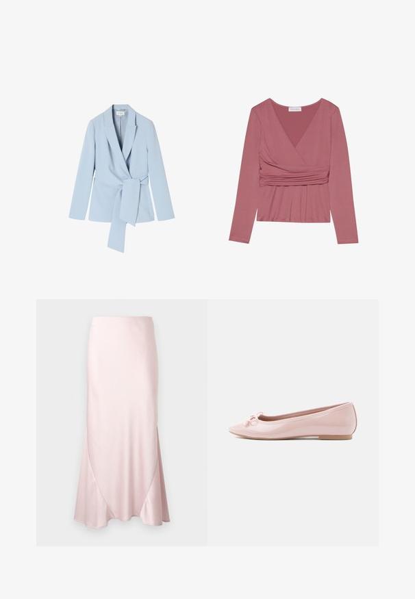 Lichtblauwe blazer van gladde stof, met een schalkraag, lange mouwen en een strikdetail in de taille voor een getailleerde uitstraling.; Langemanige top in stofroze, met een wikkelontwerp, geraffineerd materiaal bij de taille en een v-halslijn. Zachte textuur met minimale naden.; Lichtroze satijnen midi-rok met een A-lijn silhouet en subtiele diagonale naaddetails op een effen achtergrond.; Roze lakleren ballerina met een spitse neus en een decoratieve strik aan de voorkant. Voorzien van een platte zool en naadloos ontwerp.