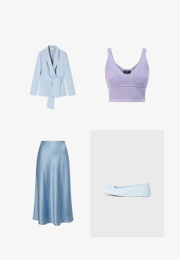 Lichtblauwe blazer van gladde stof, met een schalkraag, lange mouwen en een strikdetail in de taille voor een getailleerde uitstraling.; Lila gebreide crop top met een V-hals, brede bandjes en een textuurpatroon. Heeft een strakke band aan de onderkant voor ondersteuning.; Lichtblauwe satijnen midirok met een lichte uitlopende pasvorm en een gladde textuur, weergegeven tegen een witte achtergrond.; Lichtblauwe ballerina's met een glanzende afwerking, ronde neus en een klein strikje aan de voorkant. Flexibele rubberen zool voor comfort.