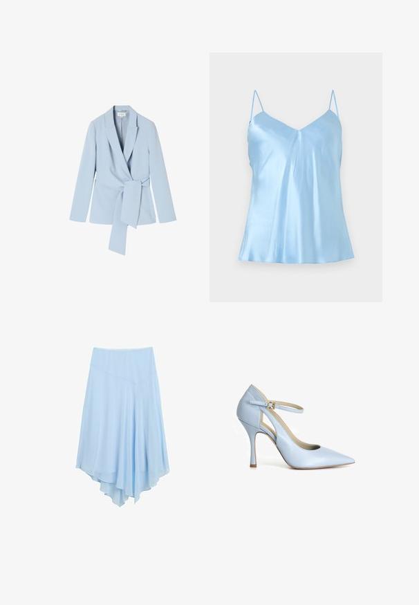 Lichtblauwe blazer van gladde stof, met een schalkraag, lange mouwen en een strikdetail in de taille voor een getailleerde uitstraling.; Lichtblauwe satijnen cami met dunne verstelbare schouderbandjes en een lichte V-halslijn, weergegeven op een effen achtergrond.; Lichtblauwe asymmetrische, vloeiende rok met een hoge taille en gelaagde stof die naar de zoom toe valt.; Lichtblauwe leren pump met hoge hak, spitse neus, enkelbandje en gouden gesp op een witte achtergrond.