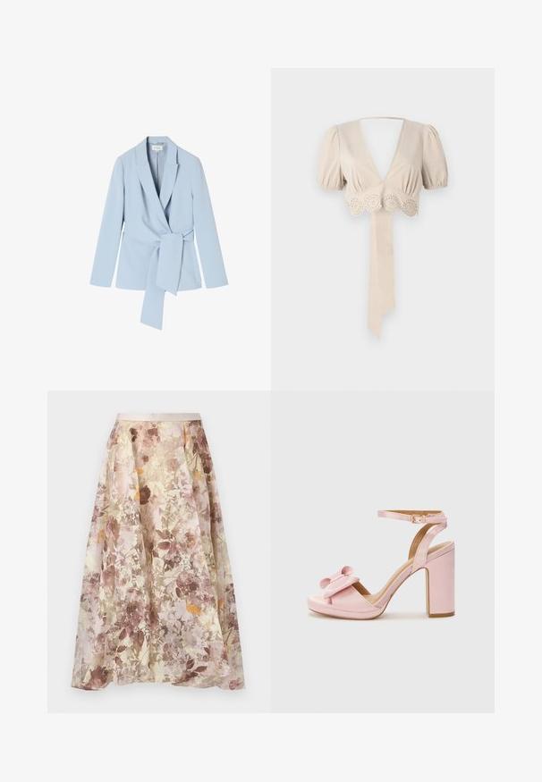 Helles blaues Blazer aus glattem Stoff, mit einem Schalkragen, langen Ärmeln und einem gebundenen Taillendetail für eine figurbetonte Passform.; Beige kurzes Oberteil mit Puffärmeln, tiefem V-Ausschnitt und dekorativer Lochmuster-Borte am Saum. Verfügt über ein gebundenes Stoffband. Glatte Textur.; Langer A-Linien-Rock mit transparentem Überzug, der zarte rosa, beige und braune Blumenmuster zeigt, und einem enganliegenden, hellbeigen Taillenbund.; Pinkfarbene Satin-Pump mit runder Zehenpartie, breitem Riemen mit Schleifendetail und Knöchelriemen mit goldenem Schnallenverschluss.