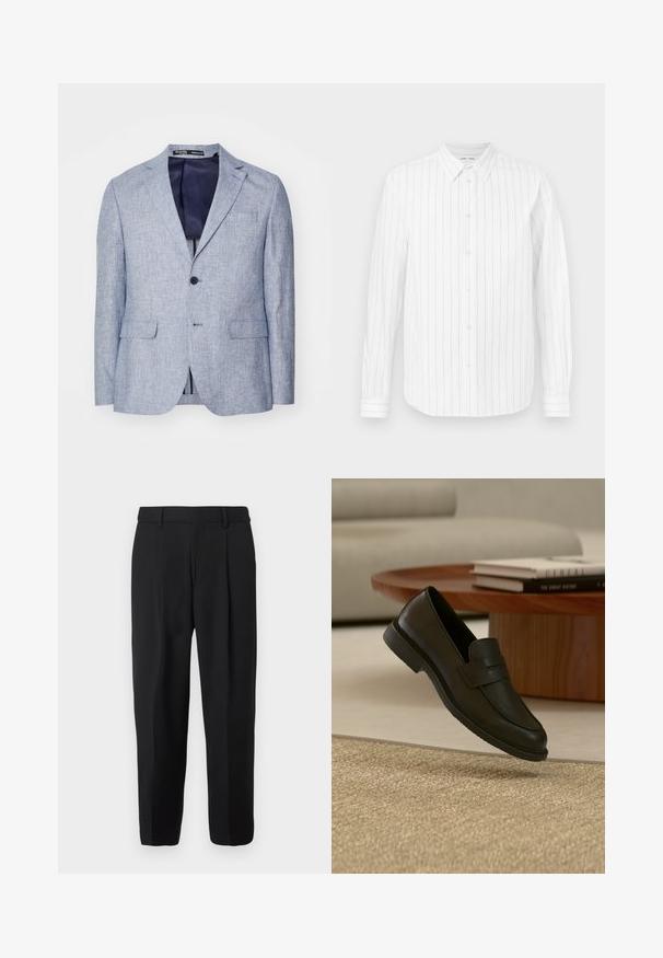 Lichtblauwe textuur herenblazer met notched lapels, twee voorflapzakken, sluiting met één knop en een donkerblauwe voering die zichtbaar is.; Witte lange mouwen overhemden met verticale grijze strepen, met een button-down kraag, knopen aan de voorkant en manchetten. Glad stof heeft een gladde textuur.; Zwarte broek met rechte pijpen, gemaakt van geweven stof, met een vlak front, riemlussen en twee zijzakken.; Zwarte leren loafer schoen getoond in de lucht boven een beige geweven tapijt, met een houten tafel en gestapelde boeken in een zacht verlichte woonkamer.