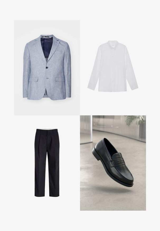 Lichtblauwe textuur herenblazer met notched lapels, twee voorflapzakken, sluiting met één knop en een donkerblauwe voering die zichtbaar is.; Witte blouse met lange mouwen van soepel stof, met een puntige kraag, voorkant met knoopsluiting en manchetten met één knoop.; Zwarte broek met rechte pijpen, voorzien van een tailleband, riemlussen, een ritssluiting aan de voorkant en zijzakken, afgebeeld op een witte achtergrond.; Zwarte leren loafer met een gladde textuur, spitse neus en een decoratieve band over de wreef. Lichtgewicht zool, minimalistisch ontwerp.